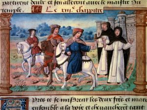 Italy --- The departure of the brothers Niccolo (Nicolo) (1230-1294) and Maffeo (Matteo) Polo (1230-1309), father and uncle of Marco Polo (1254-1324) with the young explorer, circa 1271. Miniature from "The Book of the Wonders of the World" ("Description of the world", "Il Milione") by Marco Polo (1254-1324), 1298. Arsenal Library, Paris, France --- Image by © Leemage/Corbis